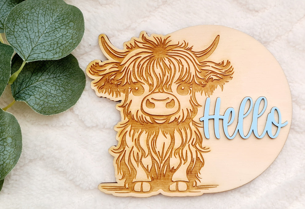 Highland Cow Hello Plaque – Remembered with Love